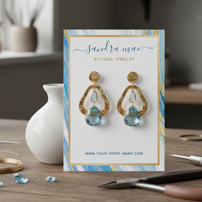 Gold Glitter Teal Blue Marble Jewellery Display Ca Business Card (Creator Uploaded)