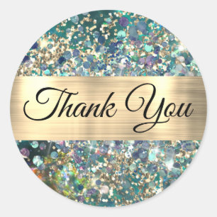 Gold glitter teal opal thank you sticker