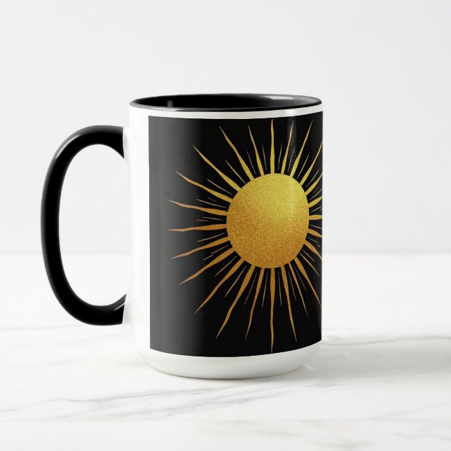 Gold glitter texture Sun on black Mug (Left)