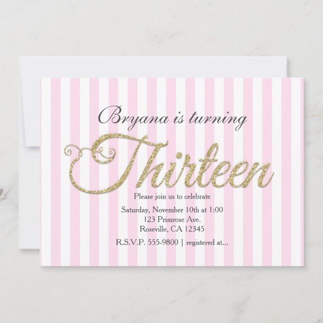 Gold Glitter THIRTEEN 13 Pink Party Invitations (Front)