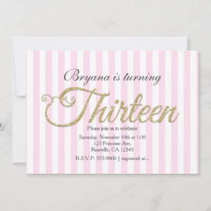 Gold Glitter THIRTEEN 13 Pink Party Invitations
