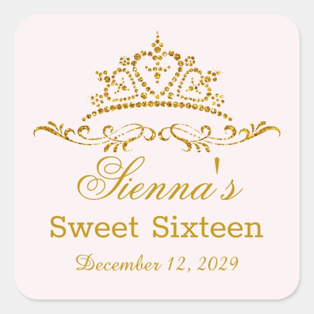 Gold glitter tiara in heart shape Sweet 16 party Square Sticker (Front)