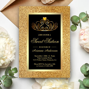 Gold Glitter Tiara Princess Black Sweet Sixteen Invitation
