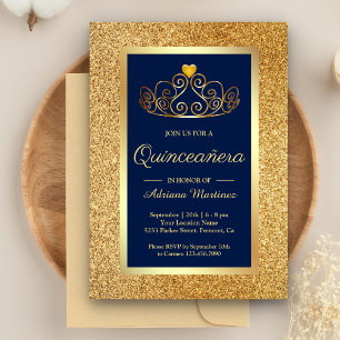 Gold Glitter Tiara Princess Blue Quinceanera Invitation