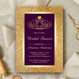 Gold Glitter Tiara Princess Purple Bridal Shower Invitation