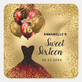 Gold Glitter Tiara Red Dress Sweet 16 Birthday Square Sticker