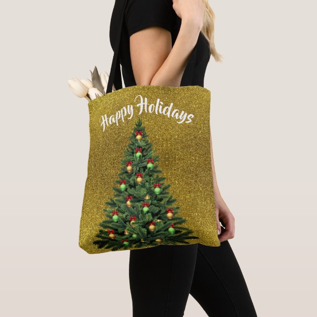 Gold Glitter Tote Bag with Christmas Tree (Close Up)