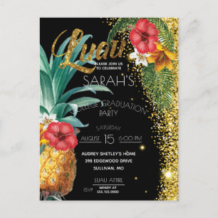 Gold Glitter Tropical Flowers Graduation Party Postcard