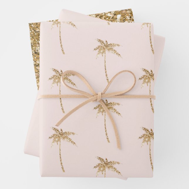 Gold Glitter Tropical Palm Tree Wrapping Paper Sheet (In situ)