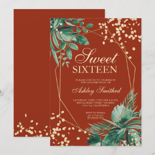Gold glitter tropical watercolor brown Sweet 16 Invitation