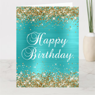 Gold Glitter Turquoise Blue Big Happy Birthday Card
