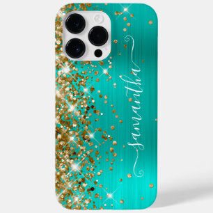 Gold Glitter Turquoise Glam Modern Girly Signature Case-Mate iPhone 14 Pro Max Case