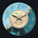 Gold Glitter Turquoise Marble 25th Wedding Large Clock<br><div class="desc">Elegant gold diamonds on turquoise marble background.</div>