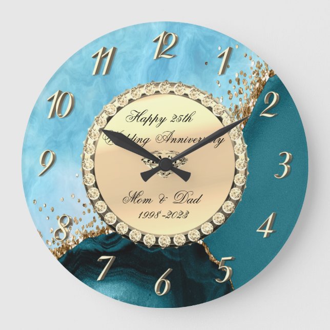  Gold Glitter Turquoise Marble 25th Wedding Large Clock (Front)