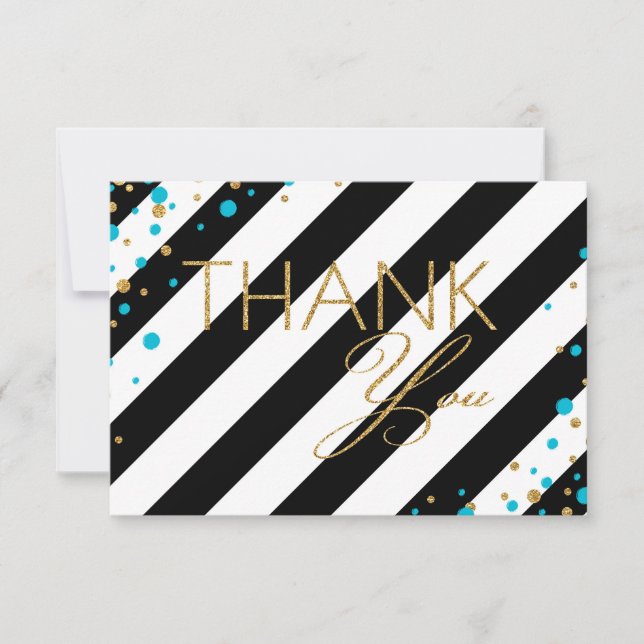 Gold Glitter Turquoise Sprinkles Stripe Thank You Card (Front)