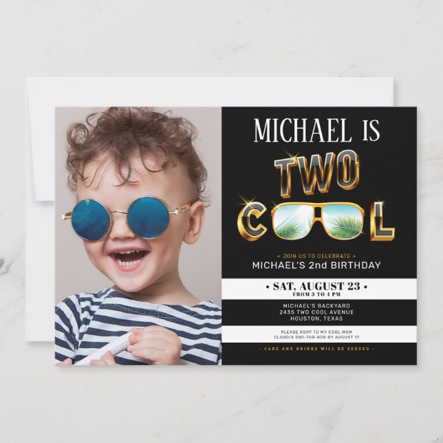 Gold Glitter Two cool party birthday photo Invitation (Front)