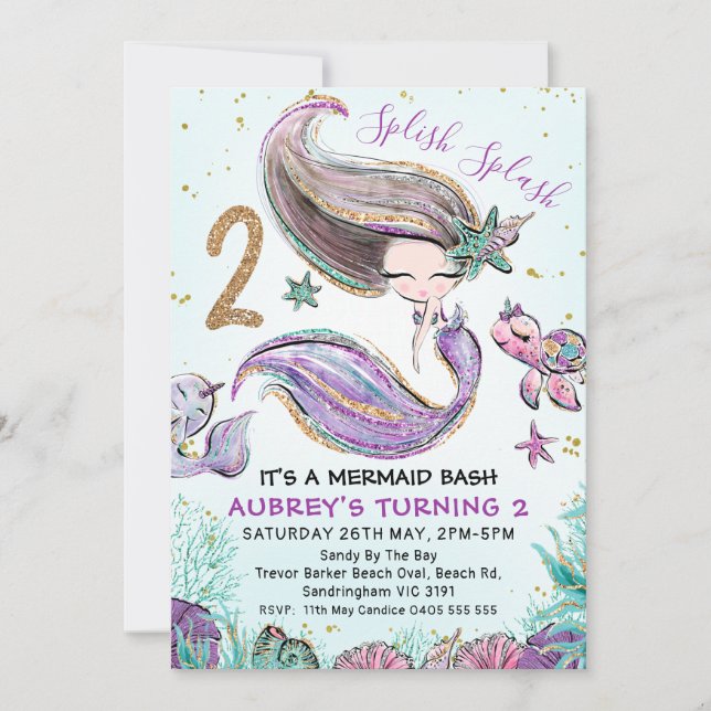 Gold Glitter Two Purple Mermaid 2nd Birthday Invitation (Front)