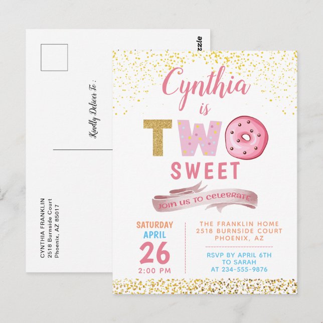 Gold Glitter Two Sweet Doughnuts Girl 2nd Birthday Postcard (Front/Back)
