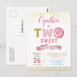 Gold Glitter Two Sweet Doughnuts Girl 2nd Birthday Postcard