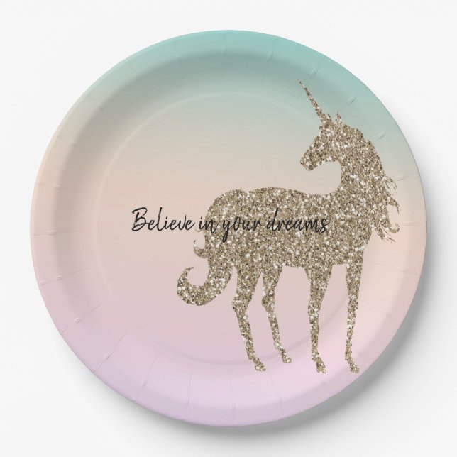 Gold Glitter Unicorn Aqua Peach Pink Ombre Tie Dye Paper Plate (Front)