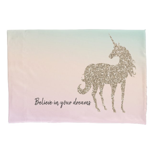 Gold Glitter Unicorn Aqua Peach Pink Ombre Tie Dye Pillowcase (Front)