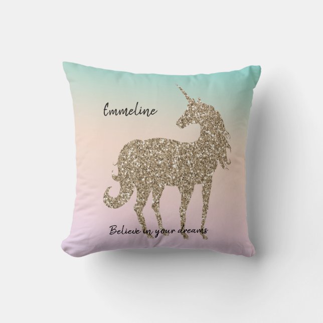 Gold Glitter Unicorn Aqua Peach Pink Ombre Tie Dye Throw Pillow (Front)