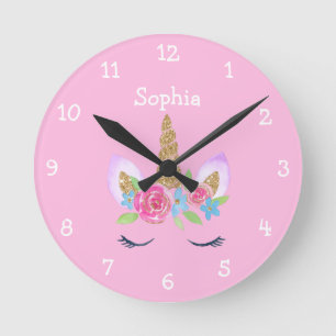 Gold Glitter Unicorn Cute Personalized Girl Name Round Clock