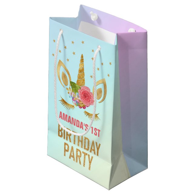 Gold Glitter Unicorn Face Birthday Party Favour Small Gift Bag (Front Angled)