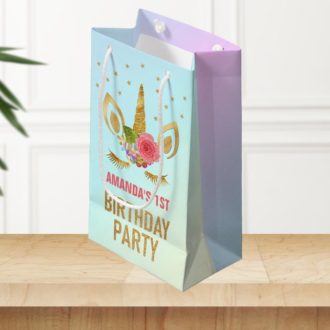 Gold Glitter Unicorn Face Birthday Party Favour Small Gift Bag (Creator Uploaded)