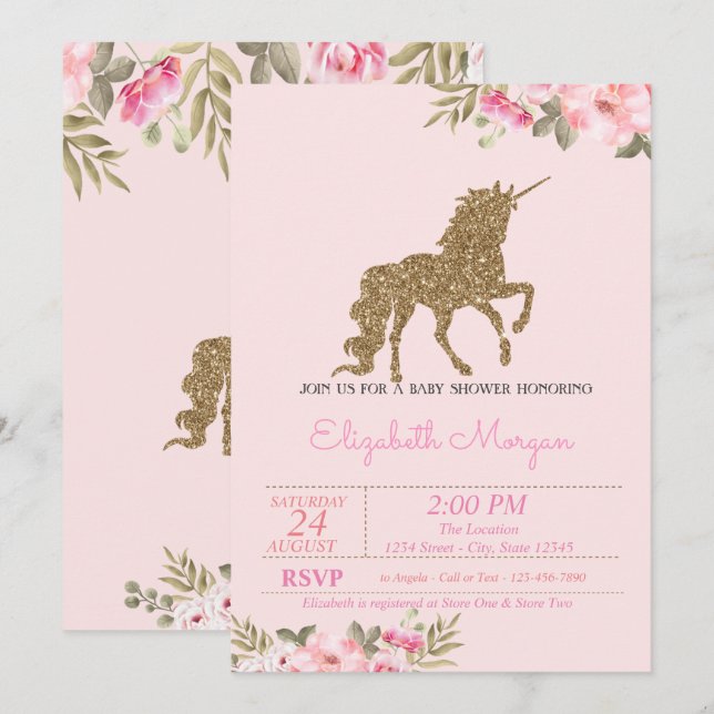 Gold Glitter Unicorn  Floral Baby Shower Invitation (Front/Back)