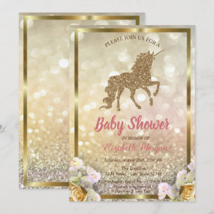 Gold Glitter Unicorn Floral Bokeh Baby Shower Invitation