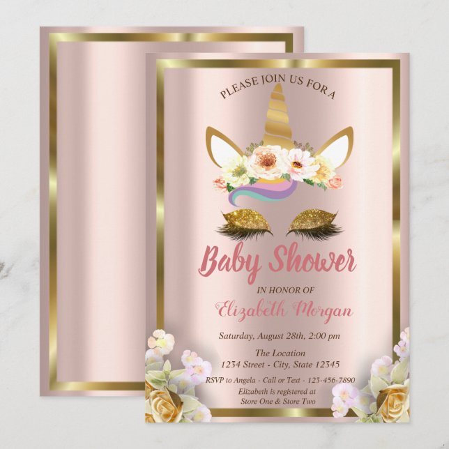 Gold Glitter Unicorn Floral Crown Baby Shower Invi Invitation (Front/Back)