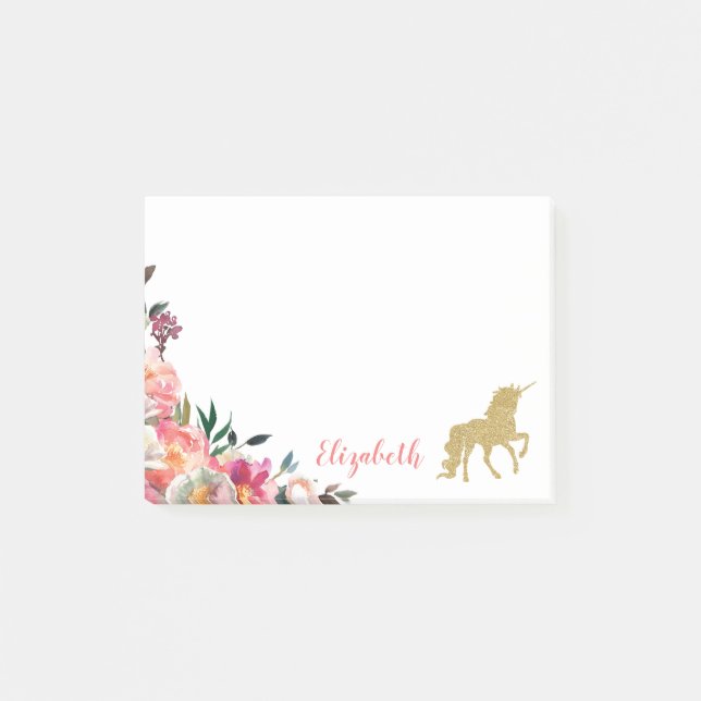 Gold Glitter Unicorn | Floral Personalized Name Post-it Notes (Front)