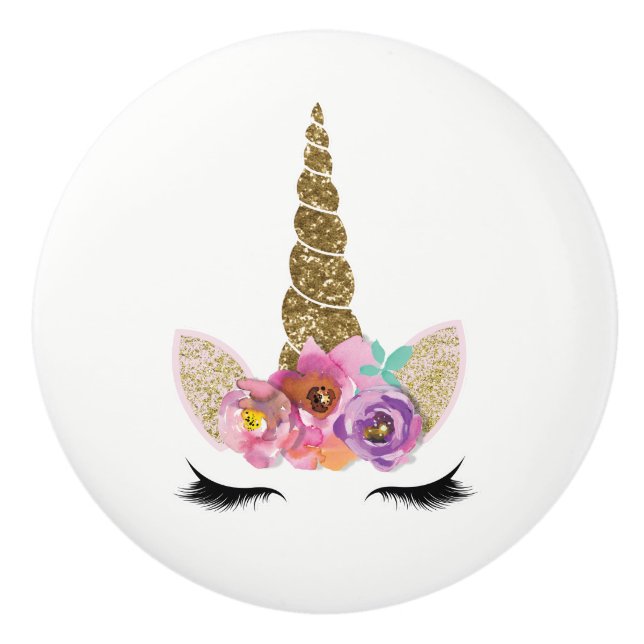 Gold Glitter Unicorn Horn Girls Glam Fairy Tale Ceramic Knob (Front)