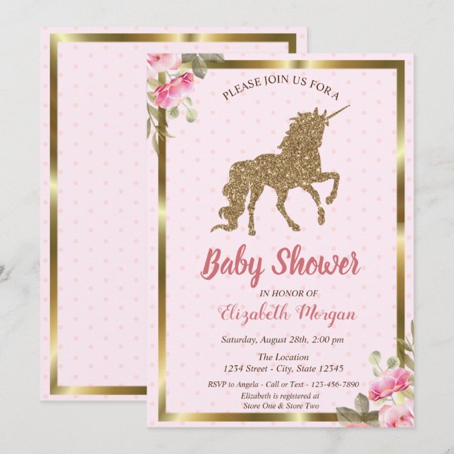 Gold Glitter Unicorn Polka Dots,Floral Baby Shower Invitation (Front/Back)
