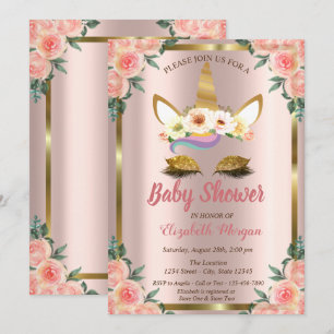 Gold Glitter Unicorn Roses Crown Baby Shower Invit Invitation