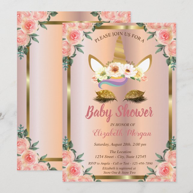 Gold Glitter Unicorn Roses Crown Baby Shower Invitation (Front/Back)