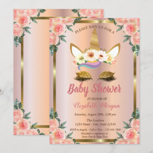 Gold Glitter Unicorn Roses Crown Baby Shower Invitation