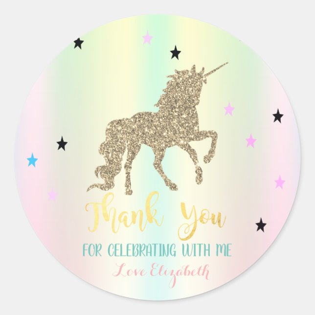 Gold Glitter Unicorn,Stars,Iridescent Holographic Classic Round Sticker (Front)