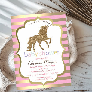 Gold Glitter Unicorn,Stripe Baby Shower Invitation