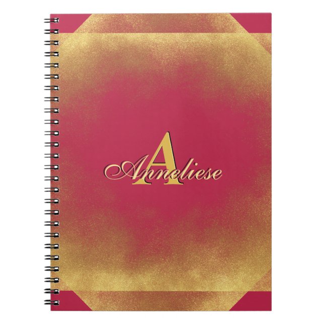 Gold Glitter Viva Magenta Fab Custom Name Monogram Notebook (Front)
