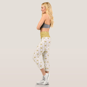 Gold Glitter Waist Band Gold Hearts Capri Leggings
