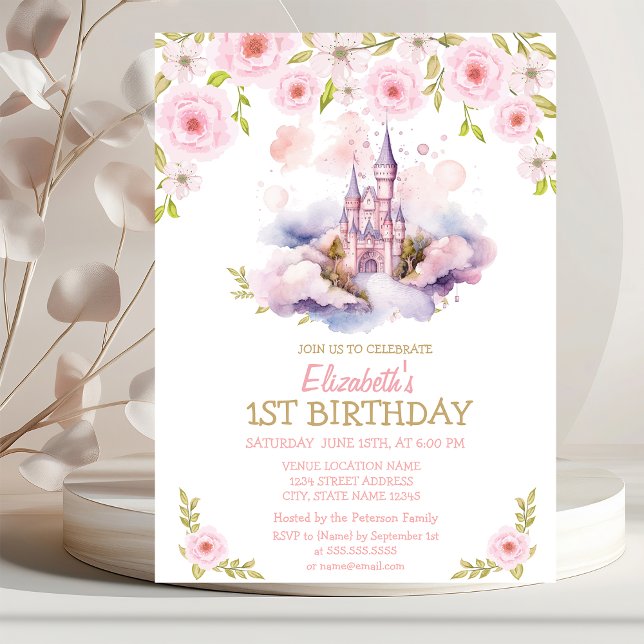Gold Glitter, Watercolor Castle,Floral Birthday  Invitation (Creator Uploaded)