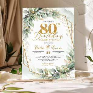 Gold glitter watercolor eucalyptus 80th birthday invitation