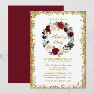 Gold Glitter Watercolor Floral Holiday Party Invitation