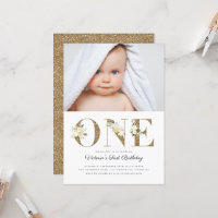 Gold Glitter Watercolor Floral Photo 1st Birthday