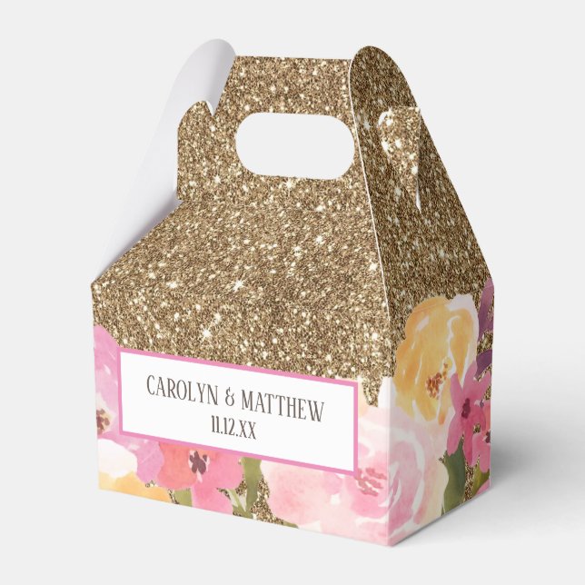 Gold Glitter Watercolor Floral Wedding Favor Box (Front Side)