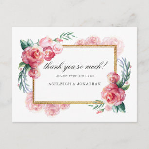 Gold Glitter & Watercolor Flowers   Thank You Postcard