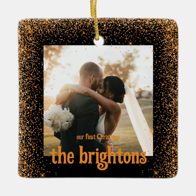 Gold Glitter Wedding Couple Photo Ceramic Ornament (Front)