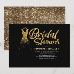 Gold Glitter Wedding Dress Black Bridal Shower Invitation